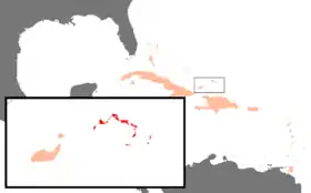Carte des caraïbes, avec un zoom sur un archipel légèrement au nord des deux îles principales.