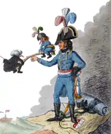 Caricature de Napoléon, installé sur une carte de la Suisse, tenant en équilibre sur un bâton deux personnages représentant les aristocrates et les républicains suisses.