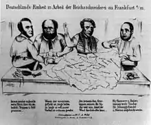 Caricature sur la création d'un État-nation. De gauche à droite : Heinrich von Gagern, Alexander von Soiron, Carl Theodor Welcker und Friedrich Daniel Bassermann. On les voit en train de coudre une carte de l'Allemagne.