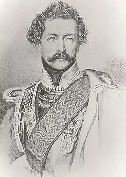 Gravure représentant un homme moustachu portant des décorations.