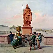 Denkmal Kaiser Karls des Großen auf der Alten Brücke in Frankfurt (vers 1845).