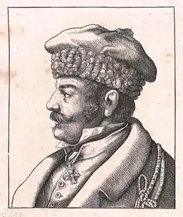 gravure noir et blanc : portait de profil d'un homme moustachu