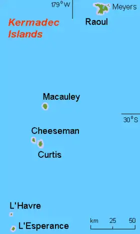 Carte des îles Kermadec. Une erreur s'est glissée sur cette carte : le méridien 179°W passe à l'ouest de toutes les îles, il faut donc comprendre le méridien 178°W.