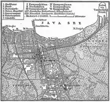 Carte allemande de Batavia en 1888, avec en haut à droite le nouveau port de Tanjung Priok (« Tandschung Priok »)