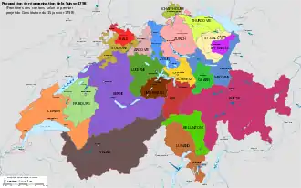 Carte des cantons helvétiques début 1798 sur laquelle chacun d'entre eux a une couleur différente.