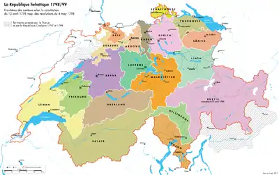 Carte des cantons helvétiques fin 1798 sur laquelle chacun d'entre eux a une couleur différente.