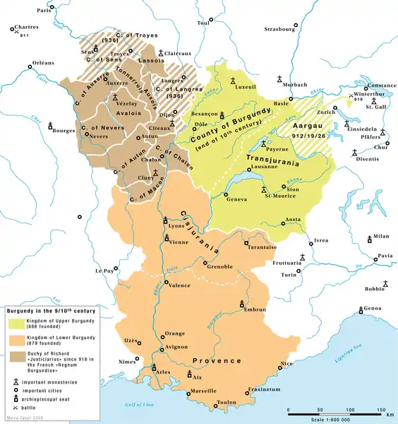 La Bourgogne au Xe siècle :- Le royaume de Basse-Bourgogne (en orange)- Le royaume de Haute Bourgogne (en vert)- Le duché de Bourgogne (en marron).