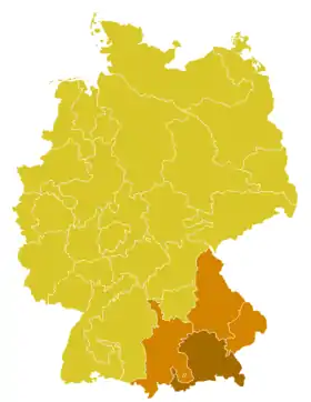La province ecclésiastique de Munich et Freising, avec l'archidiocèse de Munich et Freising en brun.