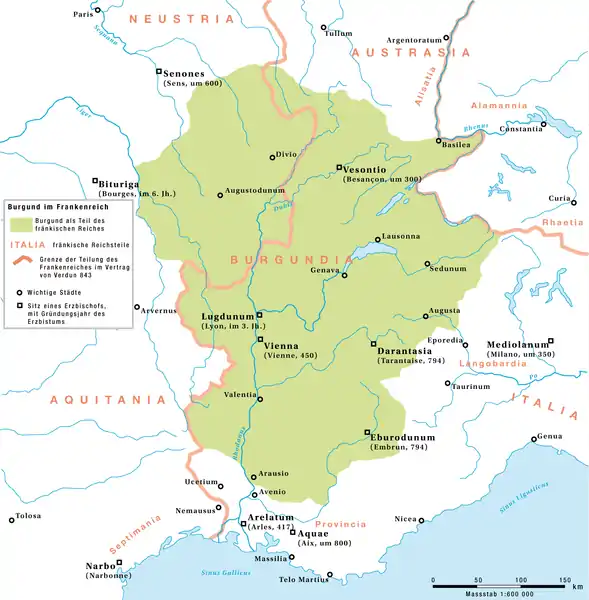 Le royaume de Bourgogne au début du IXe siècle avant le Traité de Verdun de 843.