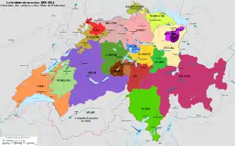 Carte de la Suisse entre 1803 et 1814 subdivisée en cantons, chacun d'une couleur différente.