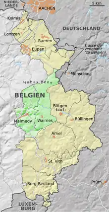 carte géographique de la frontière entre la Belgique et l'Allemagne représentant les terrritoires gagnés par la Belgique au détriment de l'Allemagne en 1919