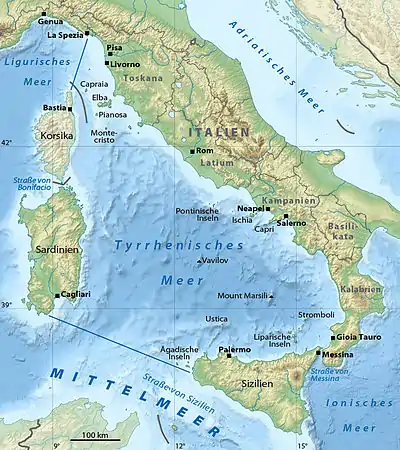Carte de la mer Tyrrhénienne