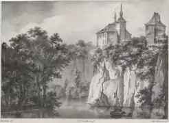 Le château de Walzin selon une lithographie de Prosper de la Barrière (1823).