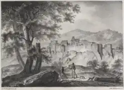 Le Château de Bouillon selon une lithographie de Prosper de la Barrière (1823).