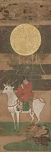Peinture couleur sur soie représentant un homme habillé tout en rouge, chevauchant un cerf blanc.