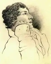 Profil au crayon d'un homme en veste blanche, environ 25 ans, cheveux mi-longs bouclés, menton reposant sur le poing droit