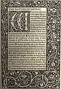 Première page de The Nature of Gothic, de John Ruskin, composée en Golden Type, mouvement Arts and Crafts, inspirée des entrelacs médiévaux européens (enluminure), Kelmscott Press.