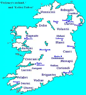  Cartographie schématique de l'établissement des Gaëls d'Irlande, d'après Ptolémée.