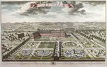 Tableau d'un palais avec en premier plan des jardins à la française.