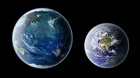 Kepler-442 b (vue d'artiste, à gauche) comparé à la Terre (droite).
