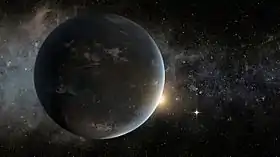 Vue d'artiste représentant Kepler-62 f (en avant-plan) et Kepler-62 e (à droite) orbitant autour de l'étoile Kepler-62 (au centre).