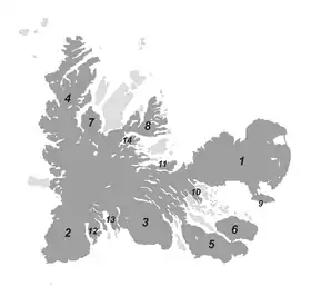 Carte de l'archipel des Kerguelen avec la localisation des principales péninsules : en 9, la presqu'île du Prince de Galles.