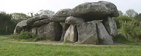 Vue d'un dolmen de granit, sur fond végétal.