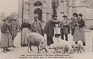 conclusion d'un marché pour la vente d'une famille de porcs au bourg de Kernascléden vers 1900 (carte postale ancienne).