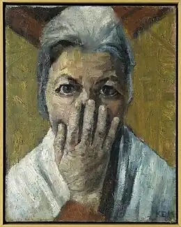 Portrait à l'huile d'une vieille femme tenant une main devant sa bouche.