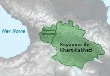 Carte du Caucase montrant le royaume de Kartl-Kakhétie et indiquant les villes de Tbilissi et Telavi.