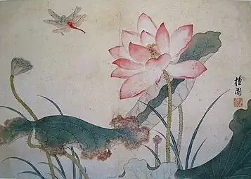 Lotus et libellule. Kim Hong-do (Danwon) (1745-1806, ou 1816, voire 1818). Encre et couleurs sur papier.