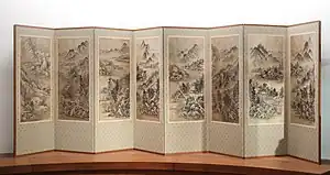 Kim Tŭk-sin (1754-1822). Vues des quatre saisons. Les huit vues de la confluence des rivières Xiao et Xiang (affluent du Yangzi). Paravent à huit panneaux. Encre et couleurs sur papier. Musée Guimet.