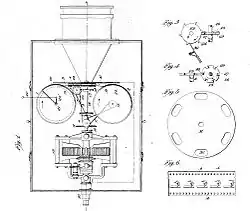 Mécanisme du Kinétographe, avec en détail la came à rochet et l’obturateur (le dessin du film est celui de 1893, le 35 mm).