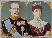 Gravure en couleurs représentant un homme en uniforme et une femme portant une tiare.