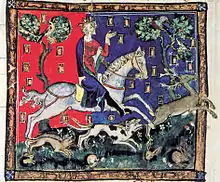 Enluminure montrant un homme portant une couronne sur un cheval blanc accompagné de quatre chiens pourchassant un cerf.