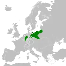 Carte d'Europe sur laquelle est mis en couleur le territoire du royaume de Prusse.