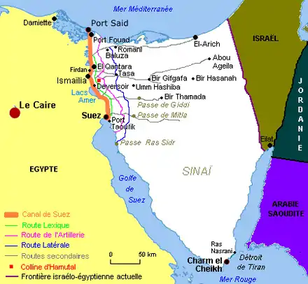 Carte présentant la région du Sinaï avec les principales villes et routes nommées dans l'article