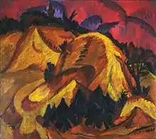 Paysage stylisé comportant un ciel rouge, des dunes traitées en jaune vif et en bas un groupe de sapins vert sombre