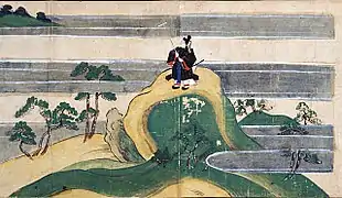 Variation d'échelle, où le personnage principal apparaît très grand par rapport à la montagne ; les brumes opaques sont également caractéristiques des arts asiatiques. Kitano Tenjin engi emaki, 1219.