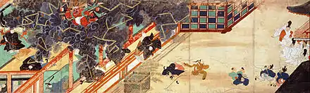 L'esprit vengeur de Sugawara no Michizane se déchaîne sur le palais sous la forme d'un dieu du tonnerre. Kitano Tenjin engi emaki, XIIIe siècle.
