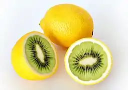 Un « Kitrone », photomontage d'un citron et d'un kiwi.