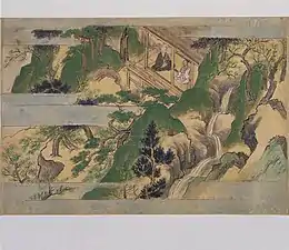 Paysage escarpé de montagne et ermitage. Rouleaux enluminés du Kiyomizudera, Tosa Mitsunobu, XVIe.