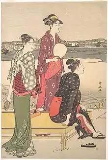 Illustration de trois Japonaises se délassant près d'une rivière