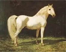 Peinture représentant un cheval gris de profil.