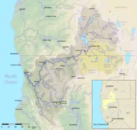 Carte du bassin versant du fleuve Klamath ; le Crater Lake est au nord.