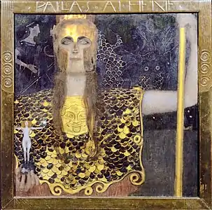 Peinture représentant une femme casquée, tenant une lance dans la main gauche et dans la main droite une figurine.