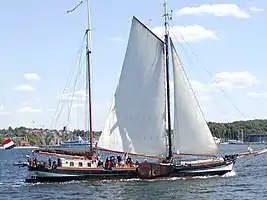 Une gabare néerlandaise avec un vent de tribord, avec l'ailes au vent relevés.