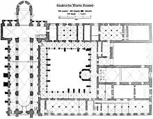 Plan intérieur d'un monastère, avec l'église à gauche, le cloître au centre les autres bâtiments conventuels autour.