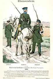 Soldats du contingent de Hambourg : artilleur, cavalier et fantassin. Gravure de Richard Knötel, 1890.