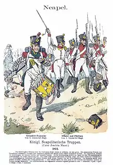 Fantassins napoléoniens, tambour et officier en tête.